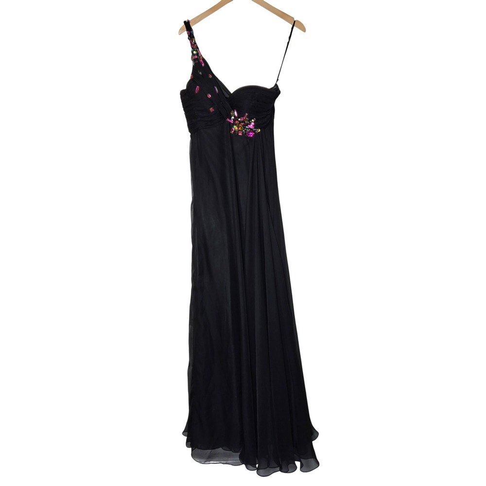 Mac Duggal 6459L One Shoulder Gown Black Multi Jewel Embellished Chiffon Dress6